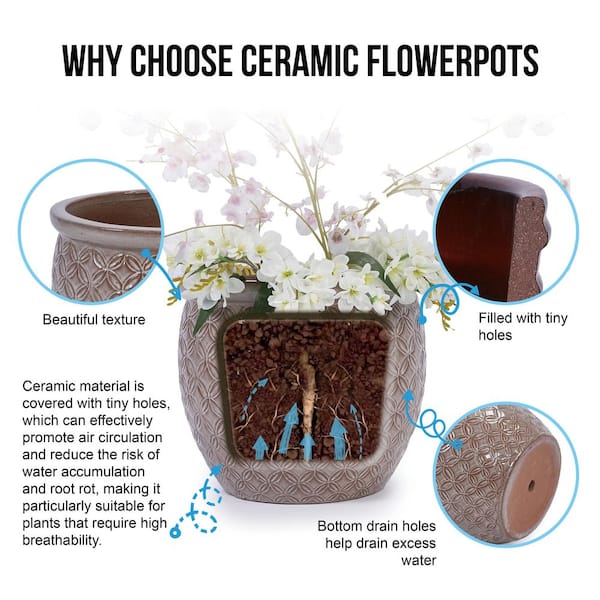 Set of 3 13 in. Round Brown Ceramic Flower Pot with Drainage-Frost Resistant Planter for Indoor Outdoor