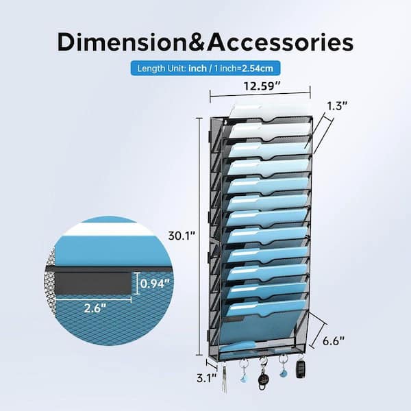 13-Tier Black Wall File Organizer with Hooks, Mesh Hanging File