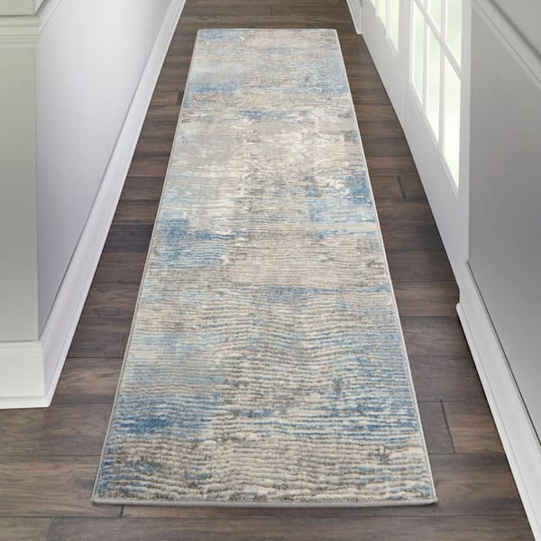 Solace Ivory/Grey/Blue 2 ft. x 7 ft. Abstract Contemporary Kitchen Runner Area Rug