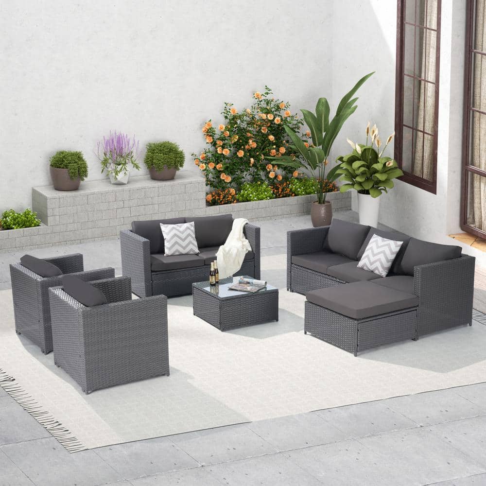 Cesicia Dark Grey 6-Piece Wicker Patio Conversation Set with Dark Grey Cushions BS032609OUD - The Home Depot