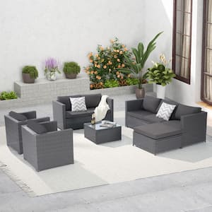 Dark Grey 6-Piece Wicker Patio Conversation Set with Dark Grey Cushions