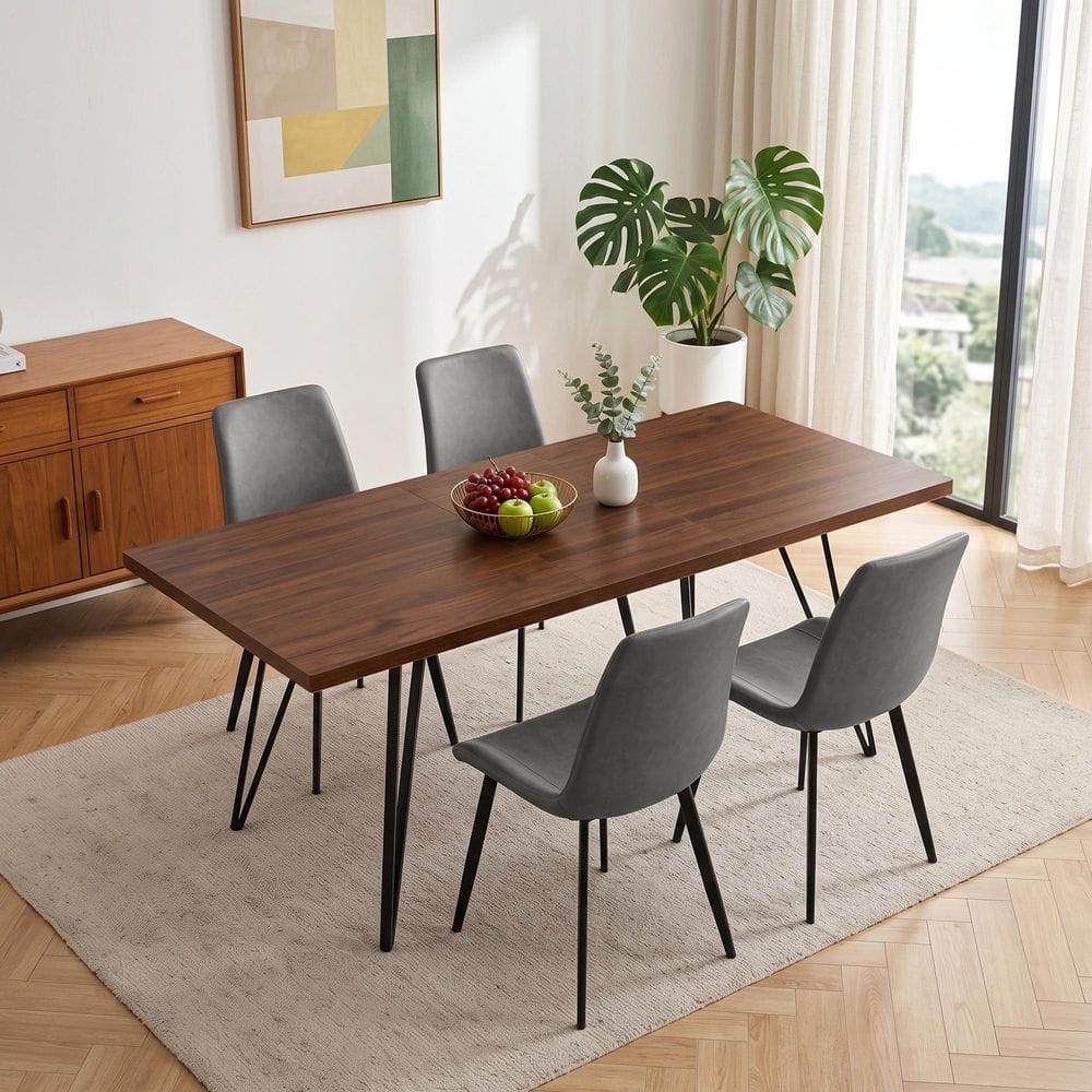 5-Piece Set Grey Chairs and Walnut Rectangular Dining Table, Dining Table Set, Dining Room Set with 4 Chairs