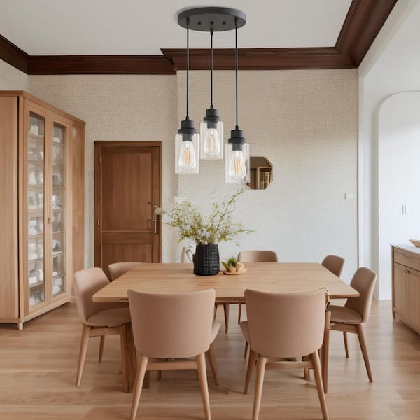 3-Light Black Chandelier Industrial Pendant Light Fixture with Clear Glass Shades for Kitchen and Dining Areas