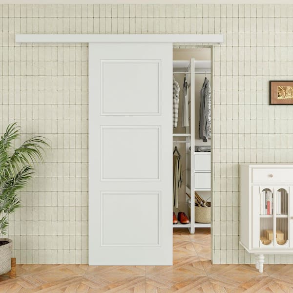 32 in. x 80 in. 3 Paneled Blank Hidden Track Style White Primed Solid Core MDF Sliding Barn Door with Hardware Kit
