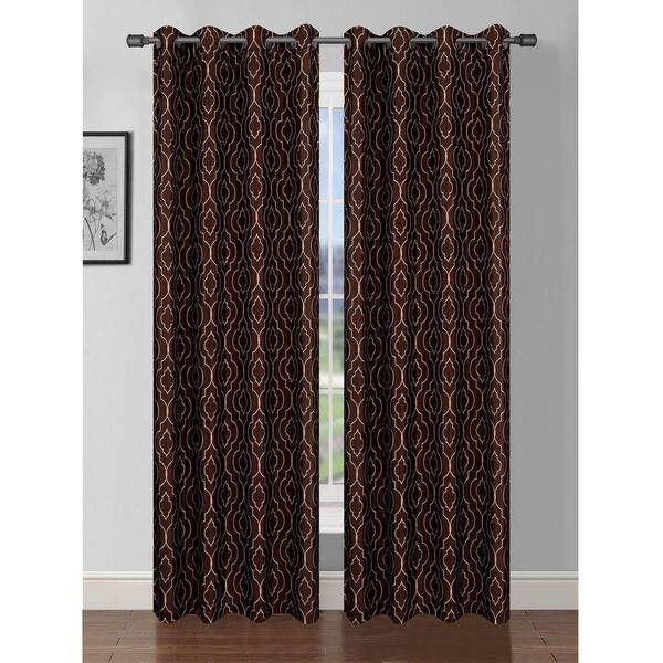 Window Elements Chocolate/Taupe Trellis Faux Silk Grommet Room Darkening Curtain - 38 in. W x 84 in. L  (Set of 2)