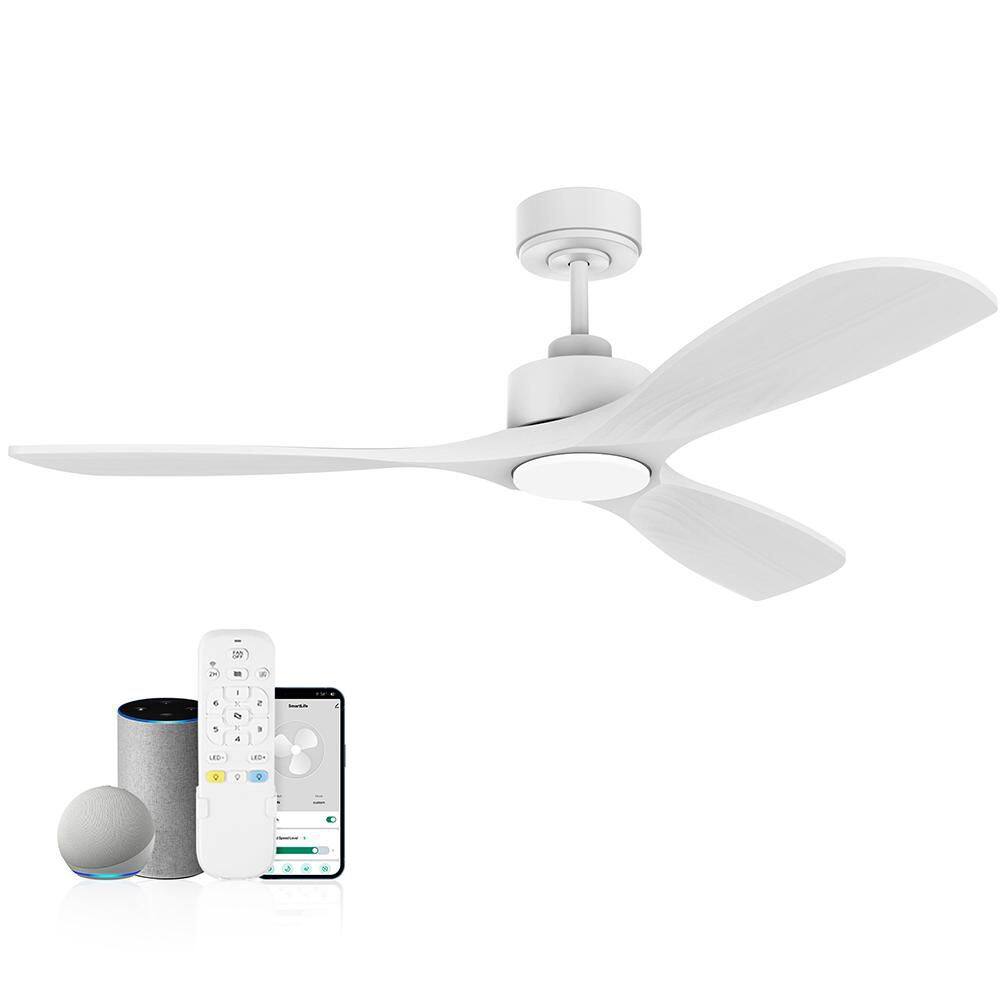 52 in. Modern Outdoor Indoor White Ceiling Fans with LED Lights Remote, Voi
