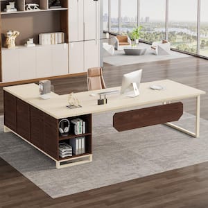 Capen 70.87 in. L Shaped Beige and Walnut Wood Executive Desk with 55 in. File Cabinet L Shaped Computer Desk for Office