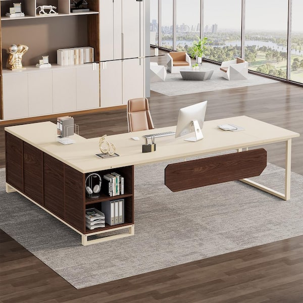 BYBLIGHT Capen 70.87 in. L Shaped Beige and Walnut Wood Executive Desk with 55 in. File Cabinet L Shaped Computer Desk for Office