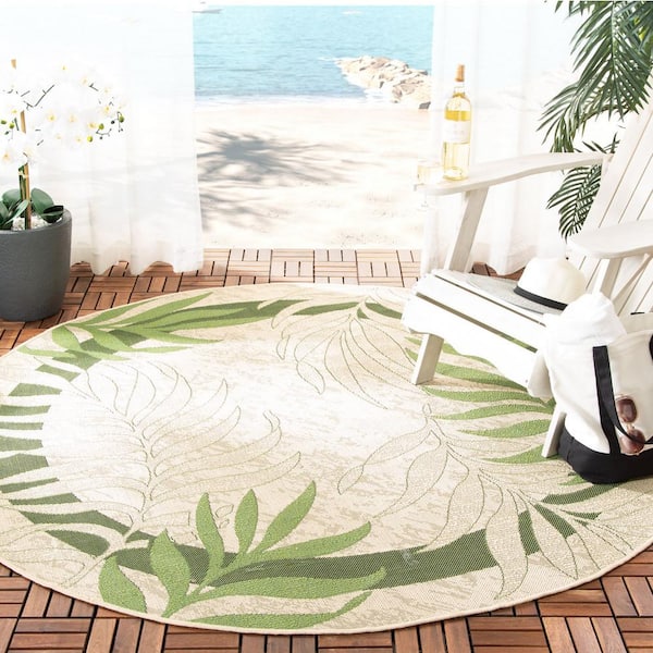 Courtyard Cream/Green 5 ft. x 5 ft. Round Border Indoor/Outdoor Patio  Area Rug