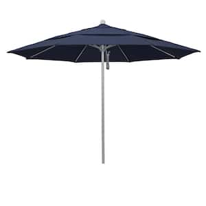 11 ft. Gray Woodgrain Aluminum Commercial Market Patio Umbrella Fiberglass Ribs Pulley Lift in Spectrum Indigo Sunbrella