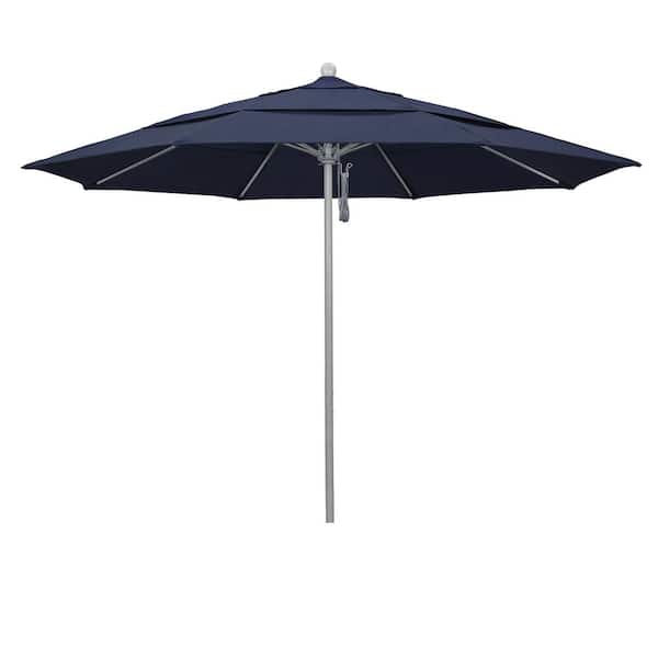 California Umbrella 11 ft. Gray Woodgrain Aluminum Commercial Market Patio Umbrella Fiberglass Ribs Pulley Lift in Spectrum Indigo Sunbrella