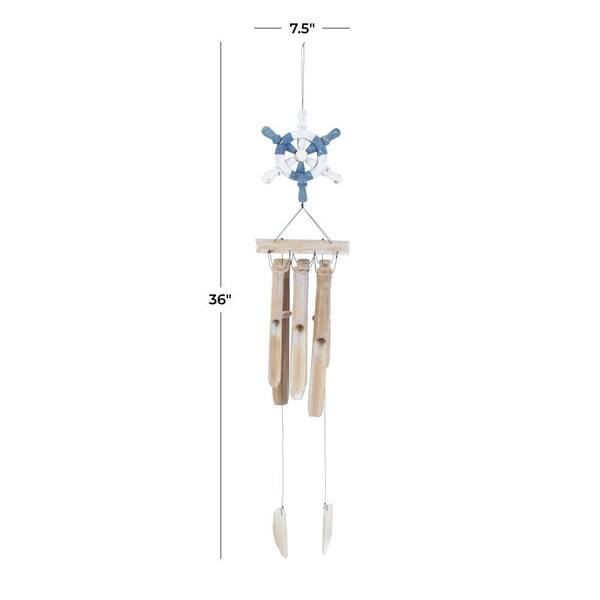 Litton Lane 36 in. Blue Bamboo Wood Ship Wheel Windchime