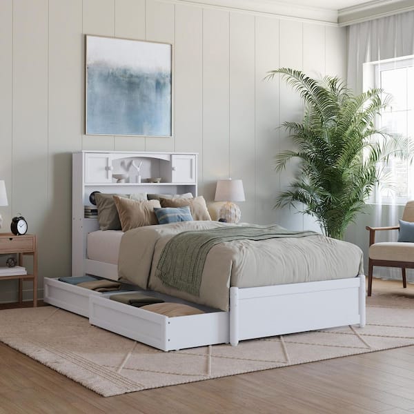 AFI Hadley White Solid Wood Frame Twin XL Platform Bed with Panel Footboard and Storage Drawers