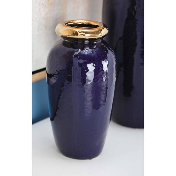 Litton Lane 10 in. Urn-Shaped Glazed Blue Ceramic Metal Decorative Vase