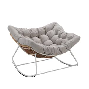 42.52 in. W White Metal Outdoor Rocking Chair with Light Grey Cushions