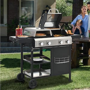 Portable 2-Plus 2-Burner Propane Gas Grill in Black and Silver and Pizza OvenCombo with Thermometer and Condiment Shelf