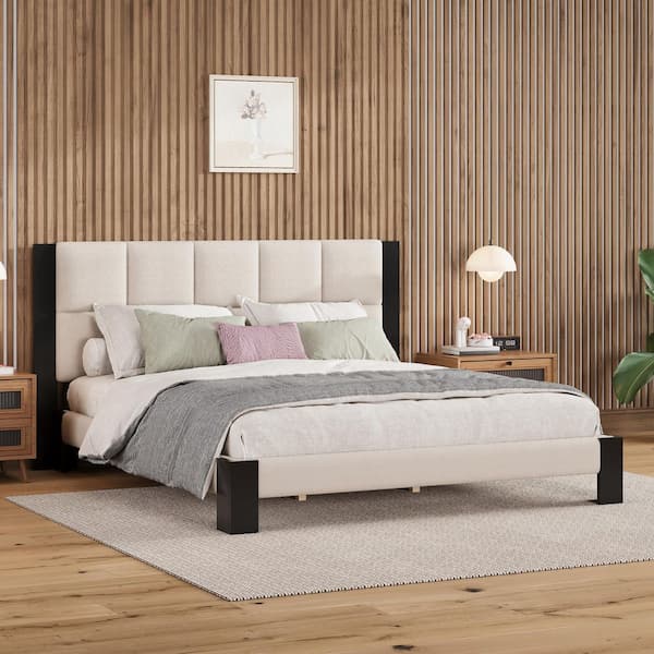 Abigail Beige and Black Wood Frame King Size Platform Bed with Fabric Upholstered Cube Headboard