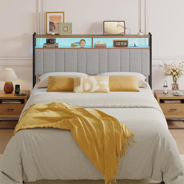 PINMOCO Gray Queen Linen Upholstered Storage Headboard LED Headboard with Charging Station