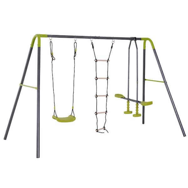 Unbranded Gray 3 in 1 Kids Metal Swing Set for Backyard with Swing Seat, Glider and Climbing Ladder, Heavy Duty Metal Frame