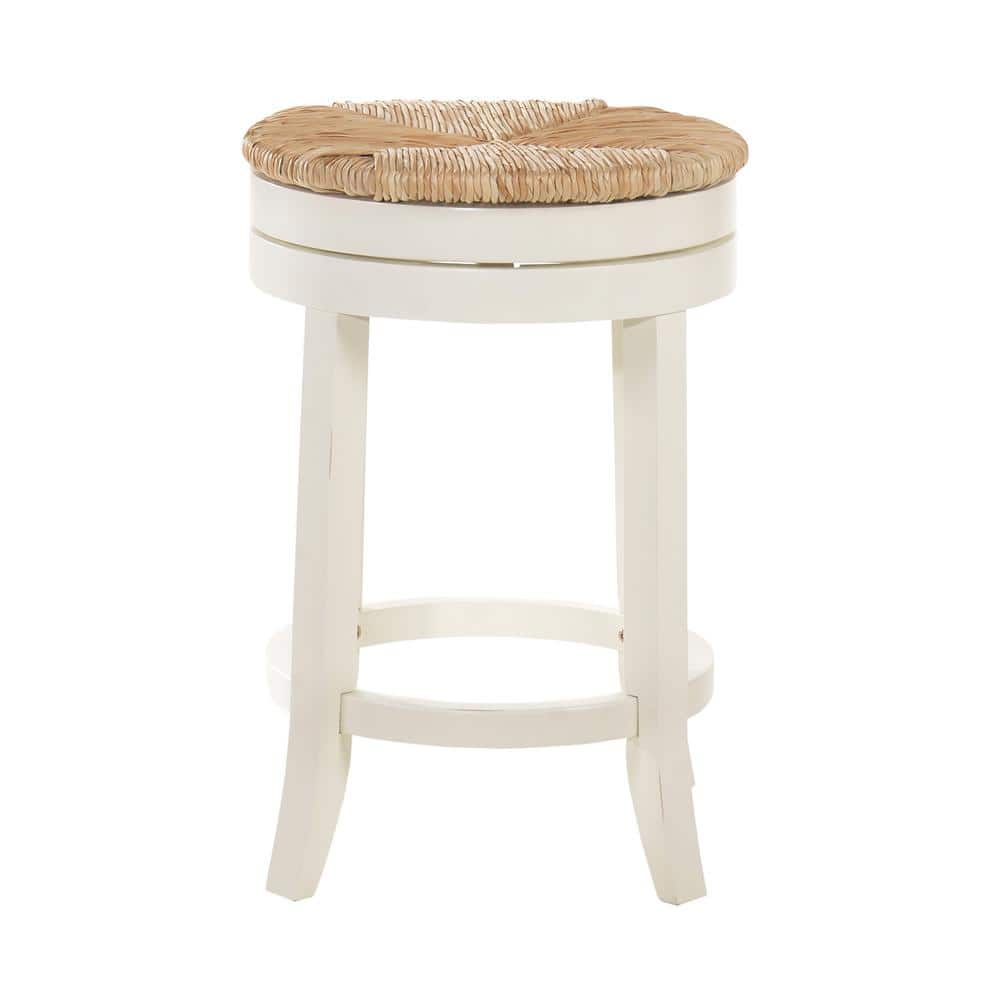 Irving Antique White Wood Swivel Counter Stool with Woven Rush Seat