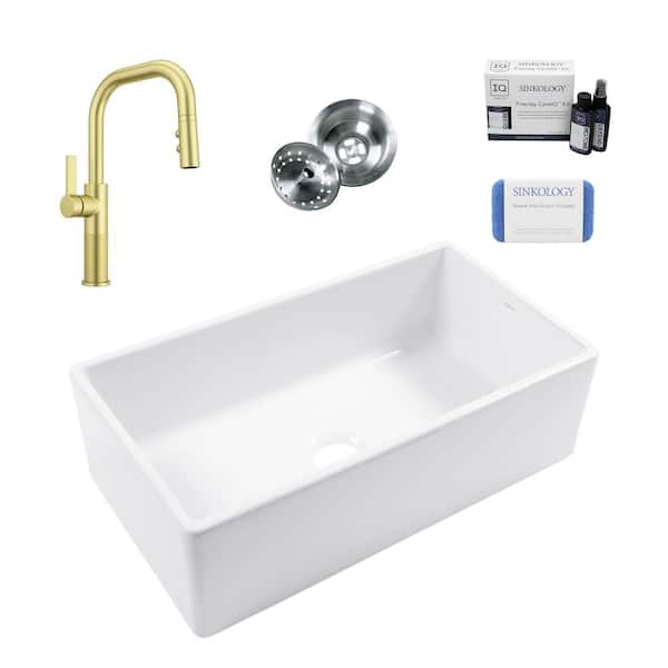 Bradstreet II 33 in. Farmhouse Apron Front Undermount Single Bowl Crisp White Fireclay Kitchen Sink with Gold Faucet Kit