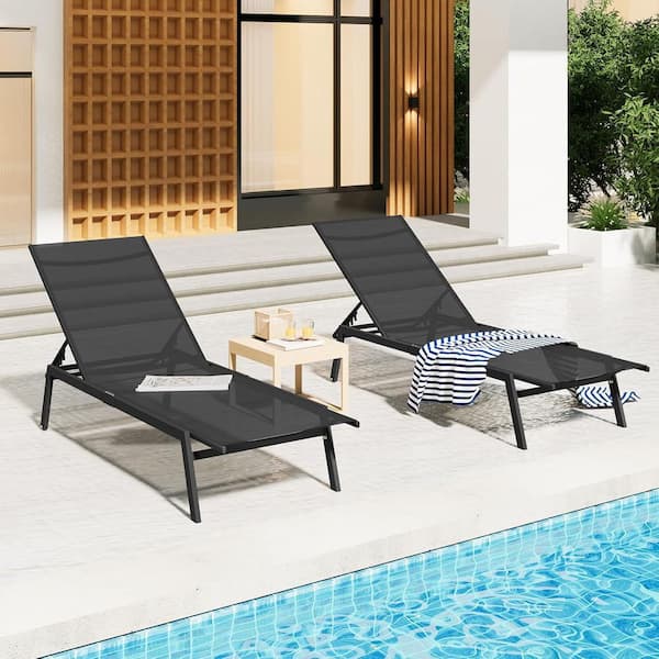 AECOJOY Outdoor Patio Adjustable Chaise Lounge Chairs with Wheels and Adjustable 5-Position Recliner in Black, 2 PCS