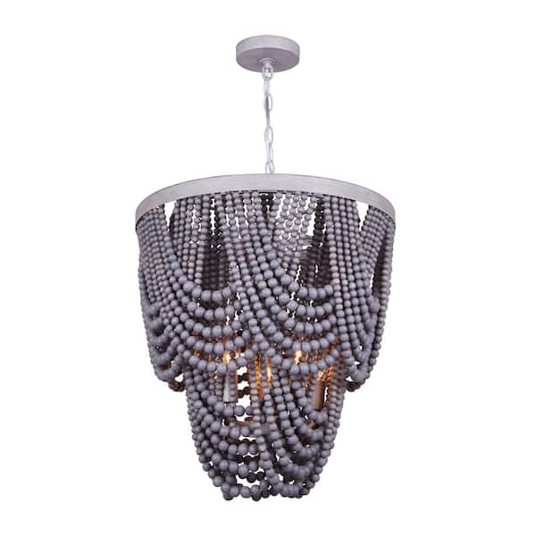 CANARM Leora 5-Light Brushed Grey Chandelier with Grey Real Wood Beads