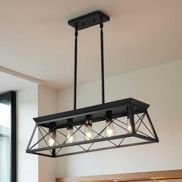 32 in. 5-Light Matte Black Finish and Matte Black Fixture Color Chandeliers for Kitchen with No Bulbs included