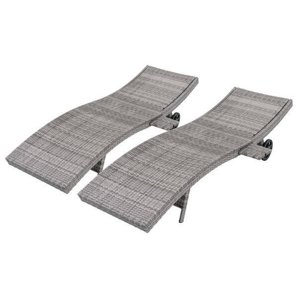 Grey Wicker Outdoor Recliner with Wheels for Poolside, Deck (Set
