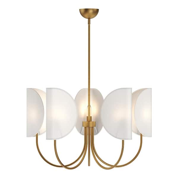 Seno 32 in. 5 Light 60-Watt Aged Gold/White Cotton Fabric Chandelier