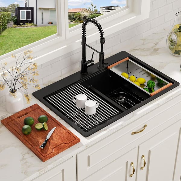 33 in. Drop-in Sink Low Divide 50/50 Double Bowl Quartz/Granite Composite Workstation Kitchen Sink in Matte Black