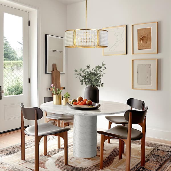 Bohemian 5-Light Round Beaded Chandelier, Transitional Drum Gold Chandelier Lighting with White Wood Bead Shade