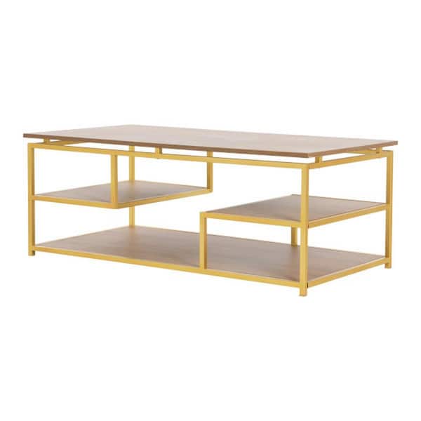 Storied Home 47 in. Natural and Gold Rectangle Wood Coffee Table with Brushed Gold Metal Base
