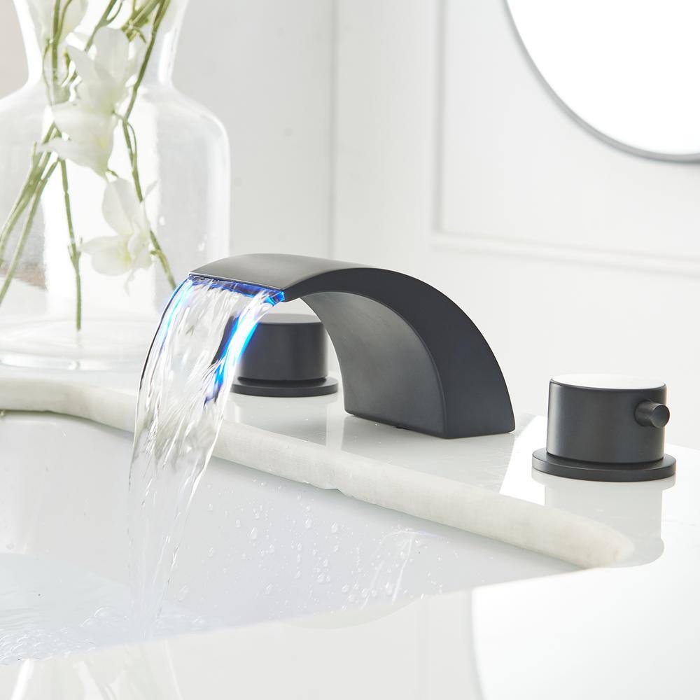 Matte Black Widespread Bathroom Faucet with LED Light and Pop Up Drain