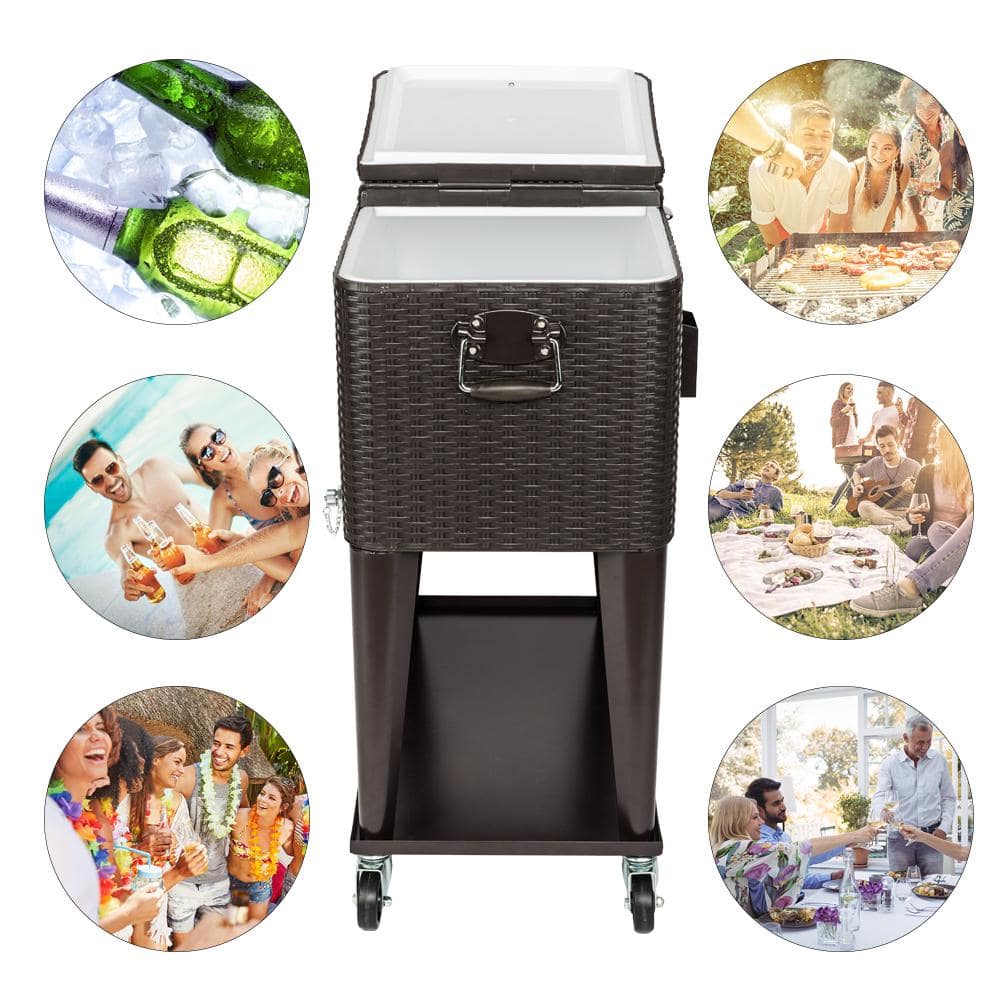 VINGLI 80 Quart Black Rattan Rolling Cooler with Shelf