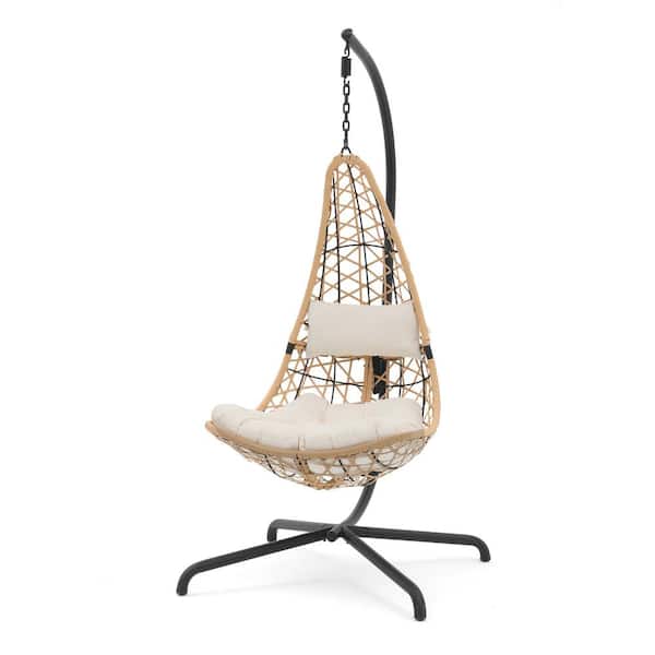 Freestyle Outdoor Wicker Porch Swing Egg Chair with Stand, Beige Cushions