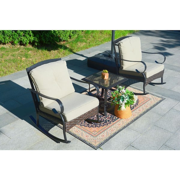 Leticia 3-Piece Steel Wicker Patio Conversation Seating Set with Beige Cushions