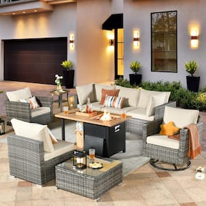 Artemis Gray 9-Piece Wicker Patio Rectangular Fire Pit Set with Beige Cushions and Swivel Rocking Chairs