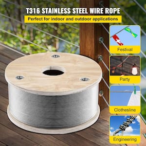 500 ft. x 1/8 in. T316 Stainless Steel Wire Rope 2100 lbs. Load Aircraft Wire Cable with 1x19 Strands Core for Railing