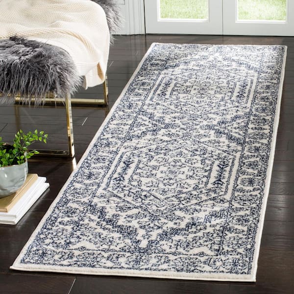 Adirondack Ivory/Navy 3 ft. x 14 ft. Border Medallion Runner Rug