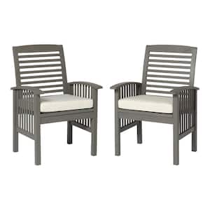 Chevron Grey Wash Removable Cushions Acacia Wood Patio Dining Chairs with Beige Cushions (Set of 2)