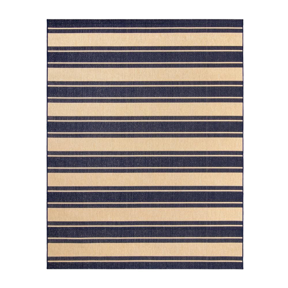 Paseo Navy and Beige Striped Outdoor Rug 5'3"x7'