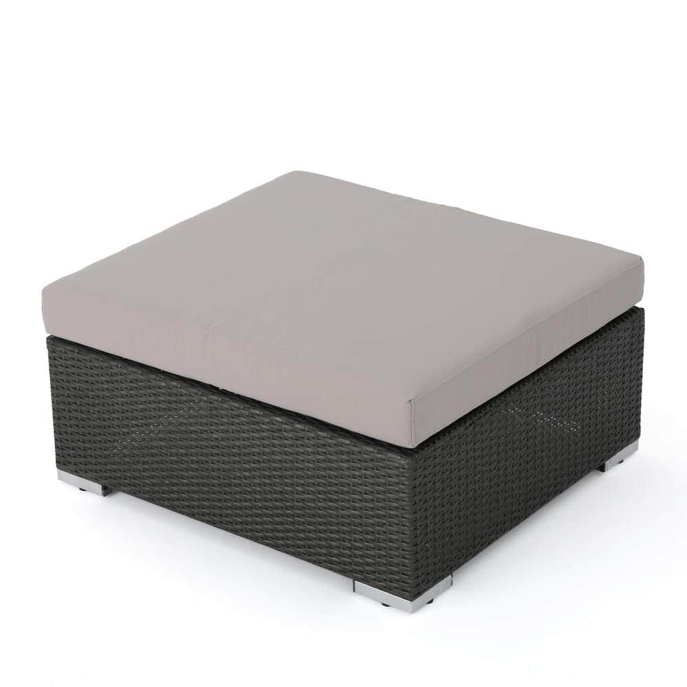 Noble House Rosen Gray Wicker Outdoor Patio Ottoman with Light Gray ...