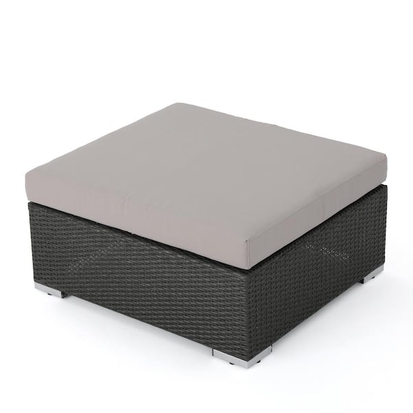 Noble House Rosen Gray Wicker Outdoor Patio Ottoman with Light Gray Cushion