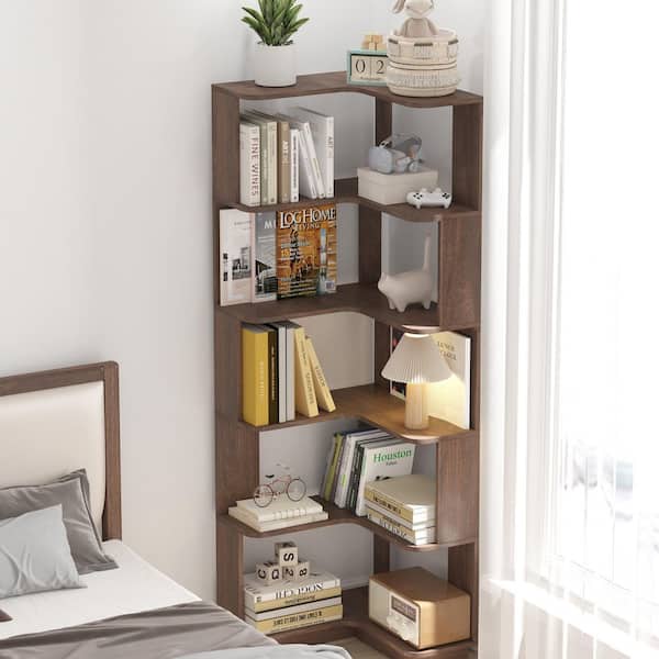 Capron 64.57 in. Dark Brown Wood L-Shaped 5-Tier Bookcases, Open Storage Rack Organizer for Home Office