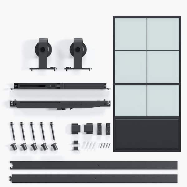 42 in. x 84 in. 3/4 Lites Frosted Glass Black Steel Frame Interior Barn Door with Sliding Hardware Kit