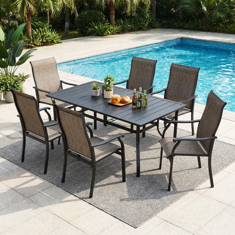 7-Piece Patio Dining Set Textilene Fabric Iron Metal Outdoor