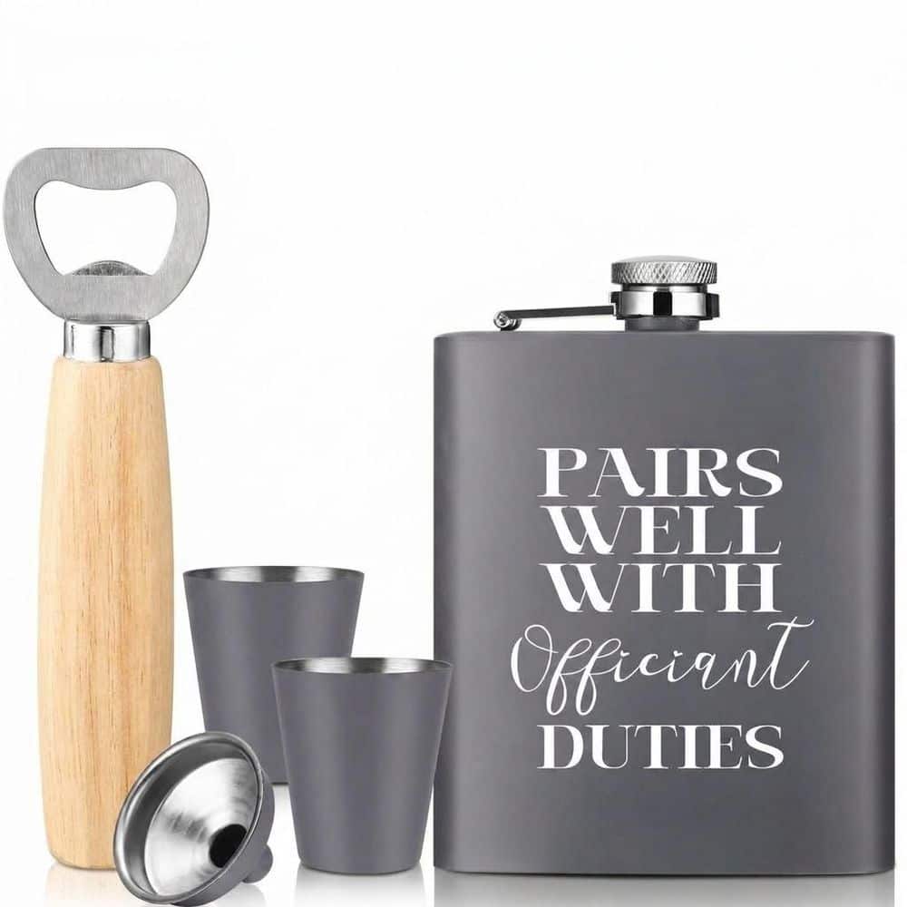 7 oz Gray Stainless Steel Officiant Wedding Gift Set with 2 Shot Glasses, Funnel and Bottle Opener