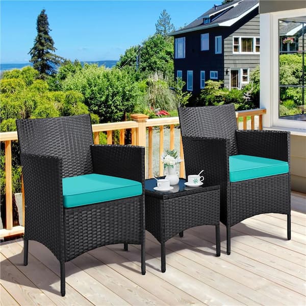 3-Piece Rattan Furniture Set Outdoor Wicker with Cyan Cushions and 1 Side Table for Bistro Porch Garden