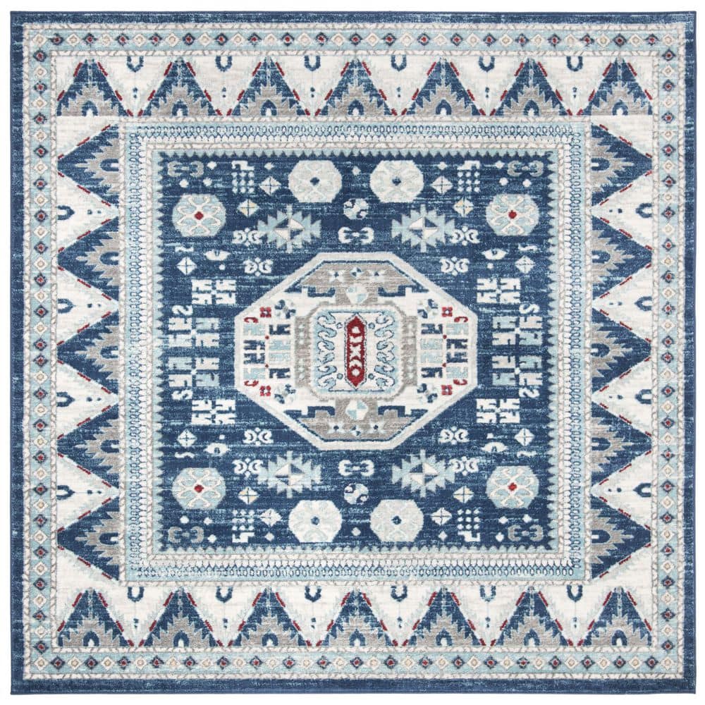 Blue and Cream Geometric Square Area Rug 80"
